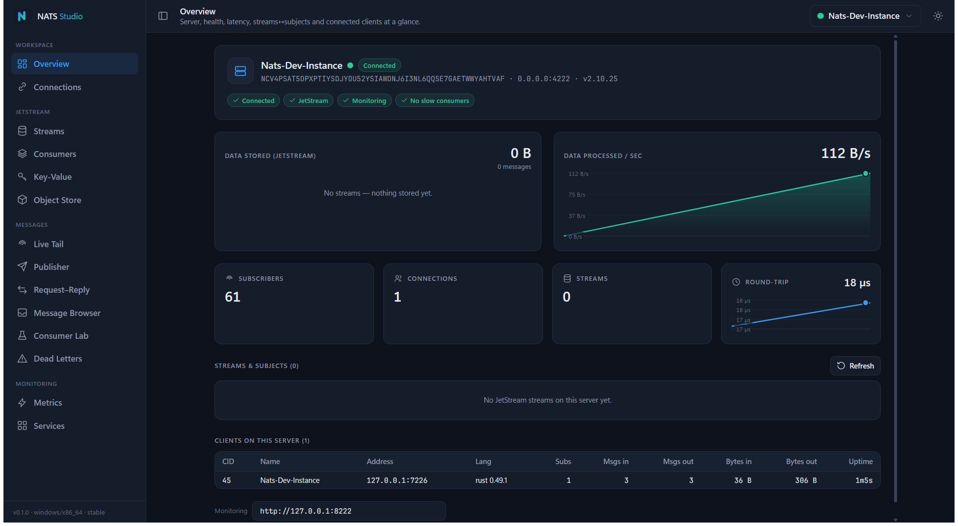 NATS Studio — Overview dashboard with server health, live throughput and round-trip charts